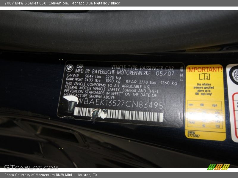 Monaco Blue Metallic / Black 2007 BMW 6 Series 650i Convertible