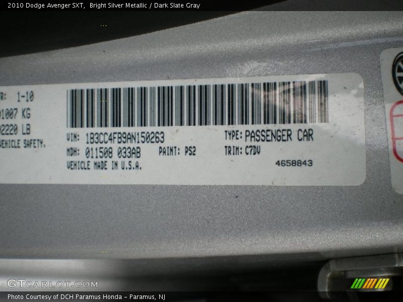 Bright Silver Metallic / Dark Slate Gray 2010 Dodge Avenger SXT