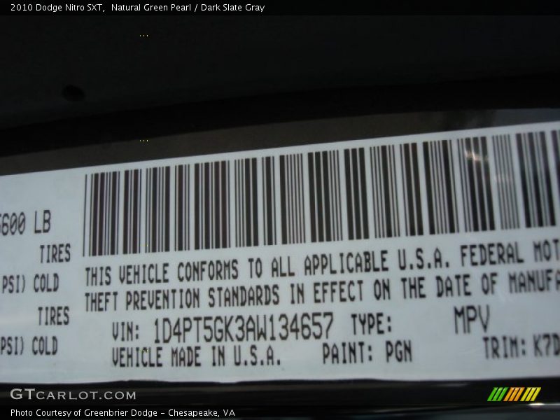 Natural Green Pearl / Dark Slate Gray 2010 Dodge Nitro SXT