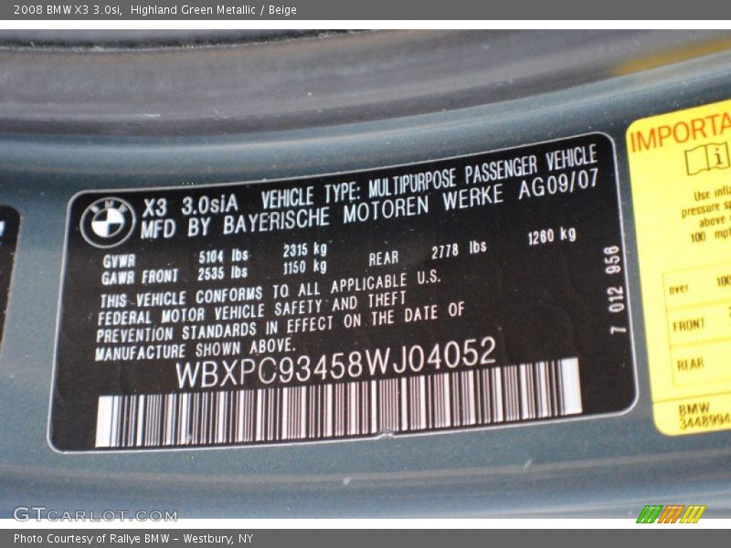 Highland Green Metallic / Beige 2008 BMW X3 3.0si