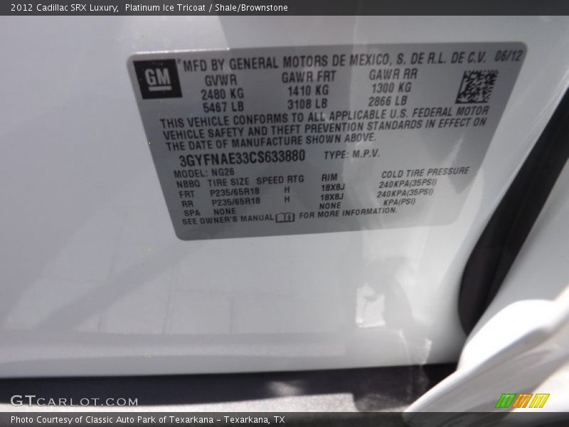 Platinum Ice Tricoat / Shale/Brownstone 2012 Cadillac SRX Luxury