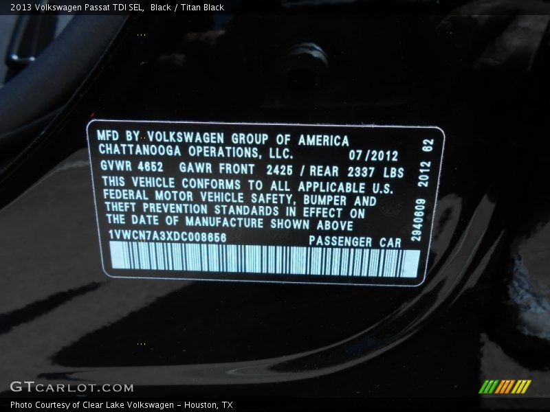 Black / Titan Black 2013 Volkswagen Passat TDI SEL