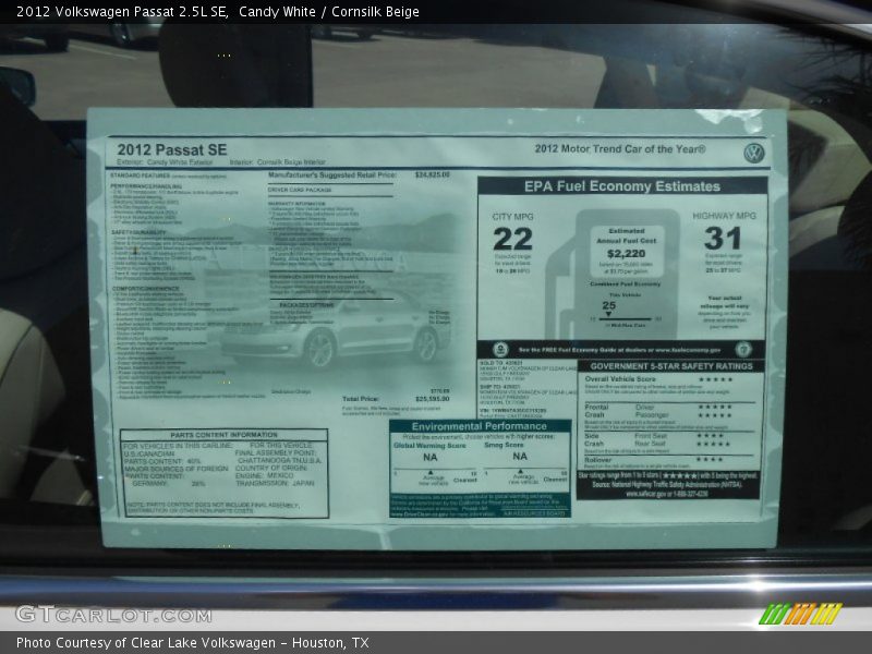 Candy White / Cornsilk Beige 2012 Volkswagen Passat 2.5L SE