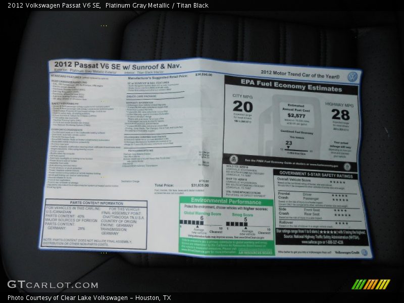 Platinum Gray Metallic / Titan Black 2012 Volkswagen Passat V6 SE