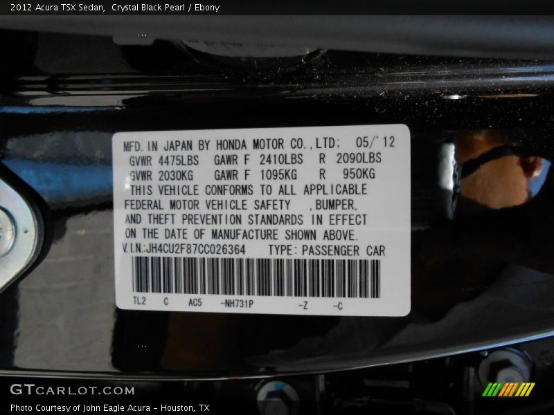 2012 TSX Sedan Crystal Black Pearl Color Code NH731P