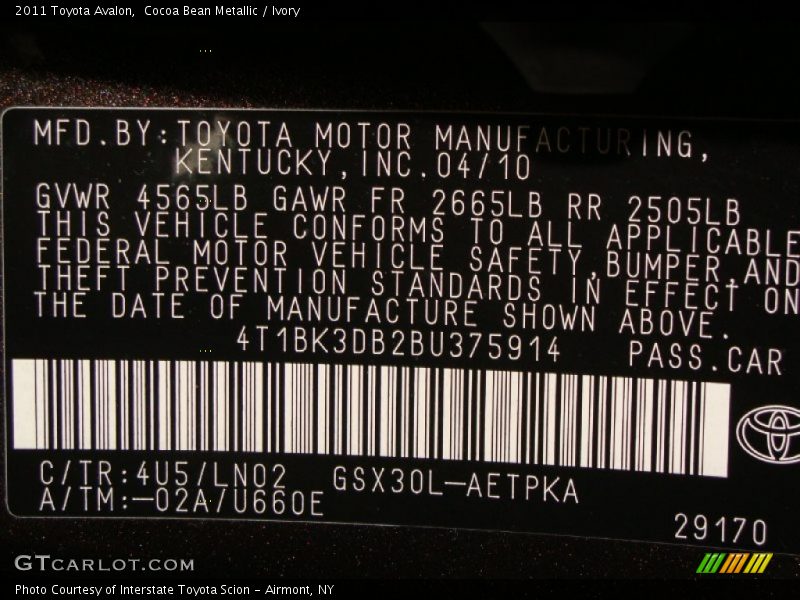 2011 Avalon  Cocoa Bean Metallic Color Code 4U5