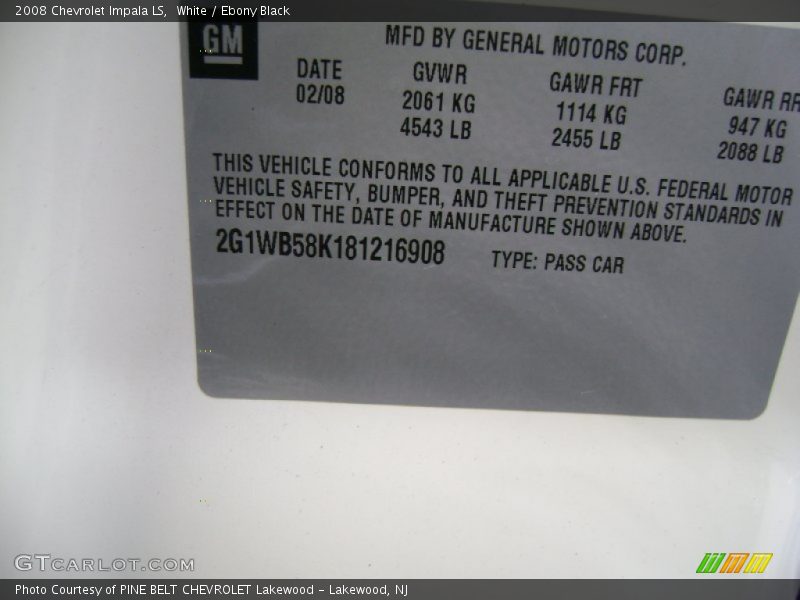 White / Ebony Black 2008 Chevrolet Impala LS