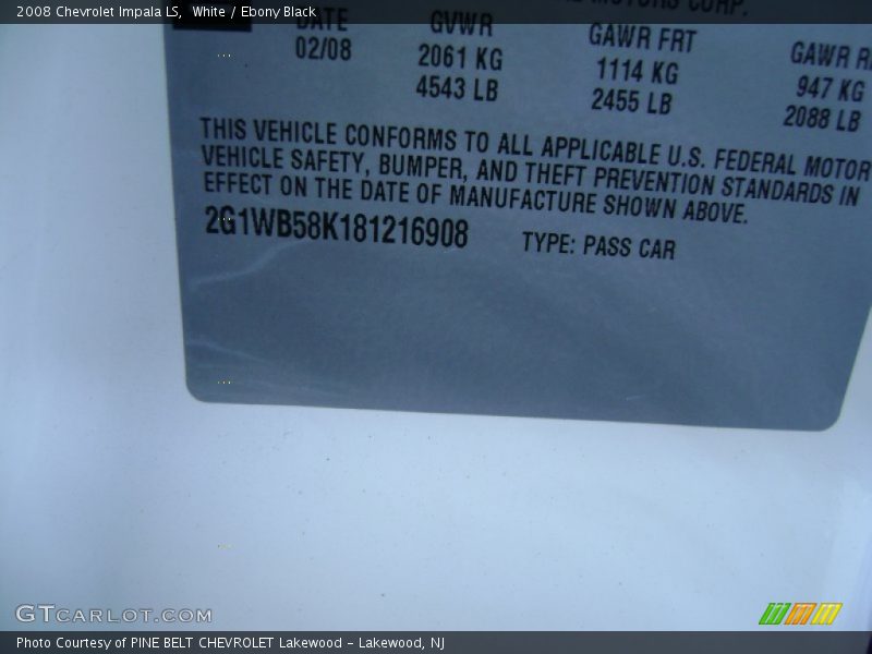 White / Ebony Black 2008 Chevrolet Impala LS