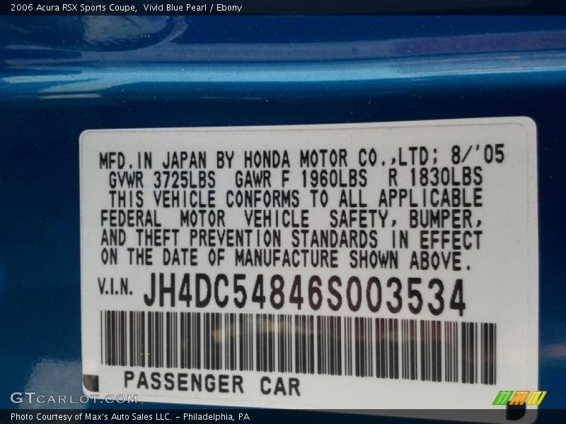 Info Tag of 2006 RSX Sports Coupe