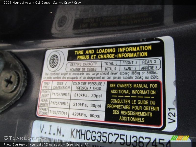Info Tag of 2005 Accent GLS Coupe