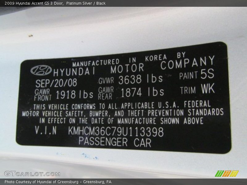Platinum Silver / Black 2009 Hyundai Accent GS 3 Door