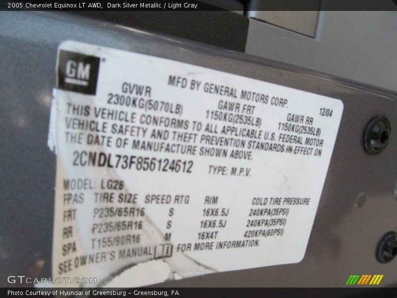 Info Tag of 2005 Equinox LT AWD