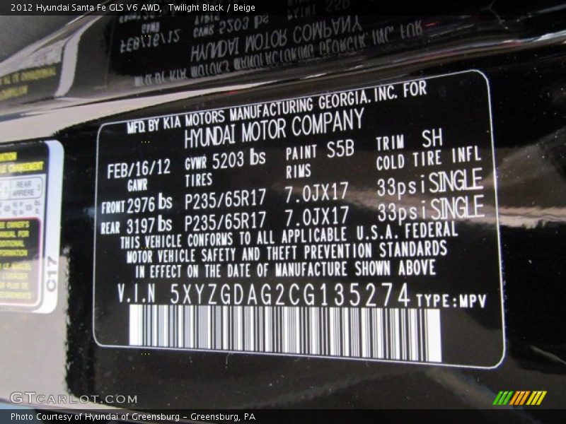 Twilight Black / Beige 2012 Hyundai Santa Fe GLS V6 AWD