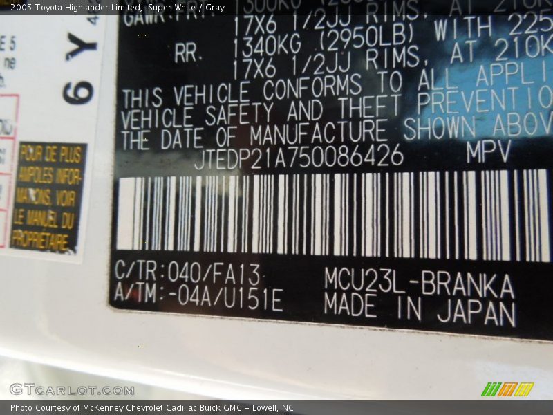 Super White / Gray 2005 Toyota Highlander Limited