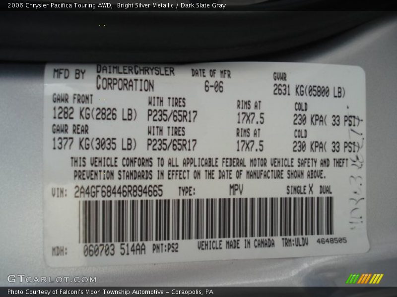 Bright Silver Metallic / Dark Slate Gray 2006 Chrysler Pacifica Touring AWD