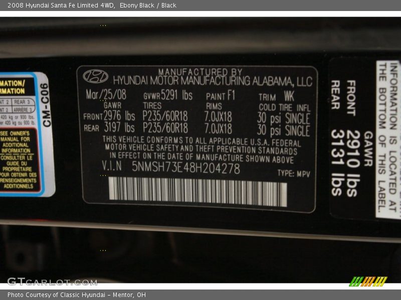 2008 Santa Fe Limited 4WD Ebony Black Color Code F1