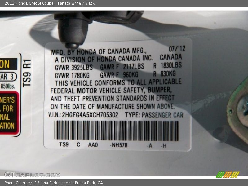 Taffeta White / Black 2012 Honda Civic Si Coupe