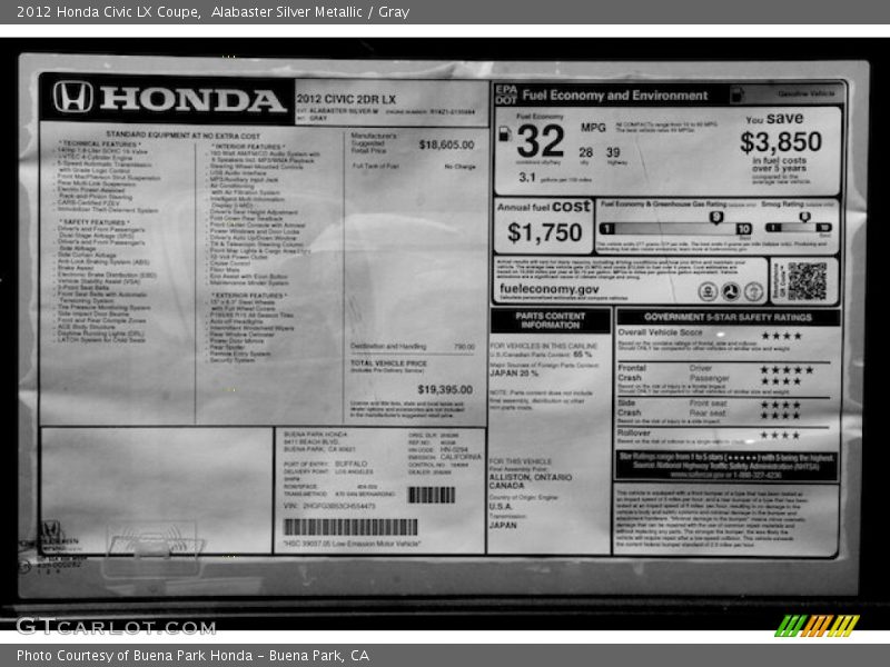 Alabaster Silver Metallic / Gray 2012 Honda Civic LX Coupe