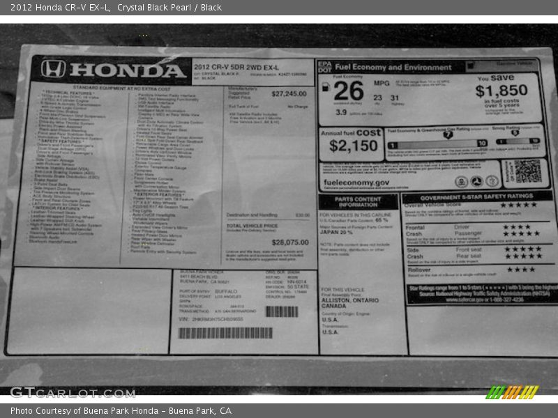 Crystal Black Pearl / Black 2012 Honda CR-V EX-L
