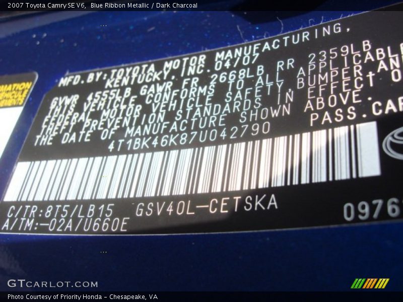 Blue Ribbon Metallic / Dark Charcoal 2007 Toyota Camry SE V6