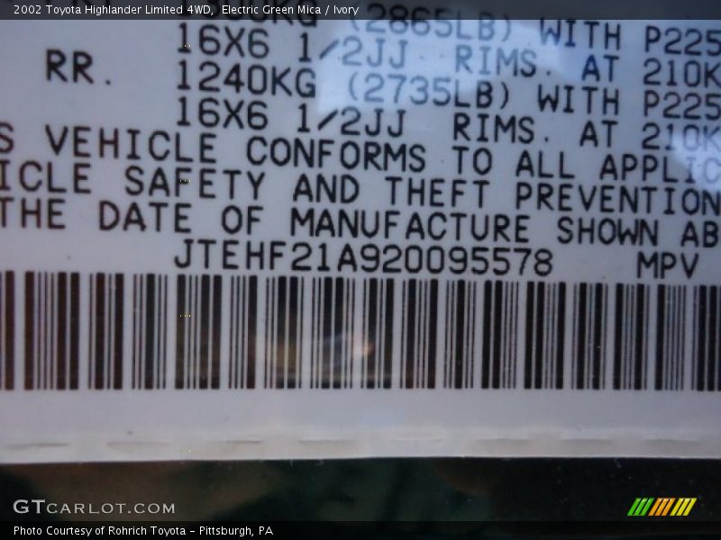 Electric Green Mica / Ivory 2002 Toyota Highlander Limited 4WD