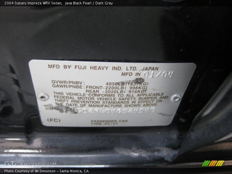 Java Black Pearl / Dark Gray 2004 Subaru Impreza WRX Sedan