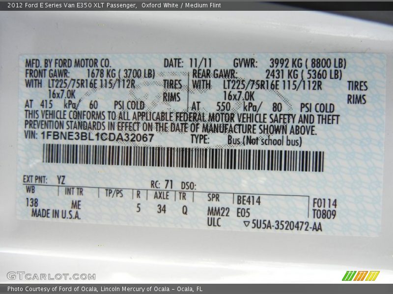 2012 E Series Van E350 XLT Passenger Oxford White Color Code YZ