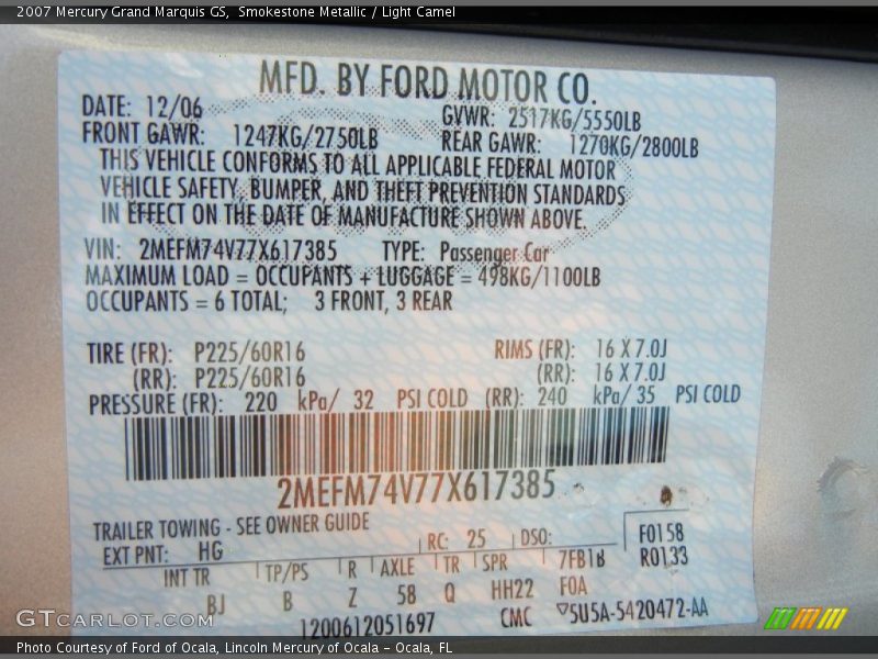 Smokestone Metallic / Light Camel 2007 Mercury Grand Marquis GS