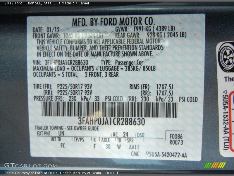 2012 Fusion SEL Steel Blue Metallic Color Code UN