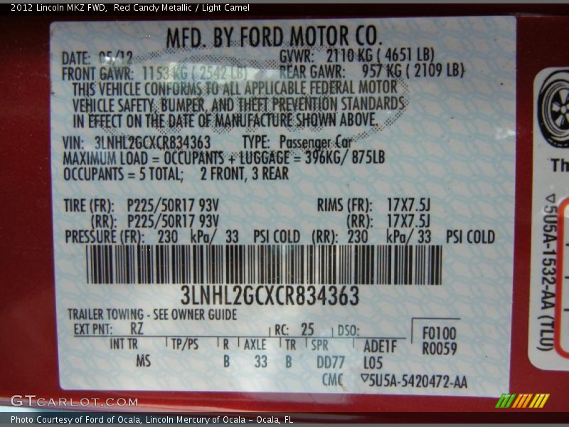 2012 MKZ FWD Red Candy Metallic Color Code RZ