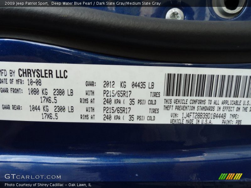 2009 Patriot Sport Deep Water Blue Pearl Color Code PBS
