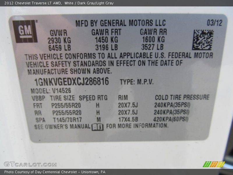 White / Dark Gray/Light Gray 2012 Chevrolet Traverse LT AWD