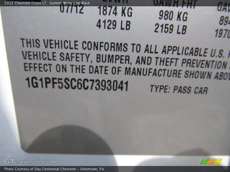 Summit White / Jet Black 2012 Chevrolet Cruze LT