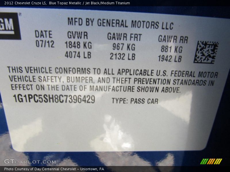 Blue Topaz Metallic / Jet Black/Medium Titanium 2012 Chevrolet Cruze LS