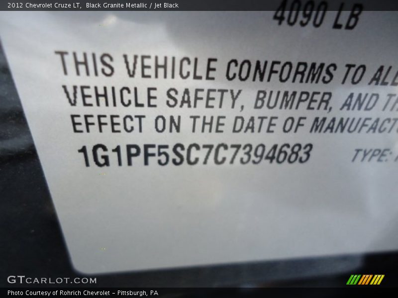 Black Granite Metallic / Jet Black 2012 Chevrolet Cruze LT