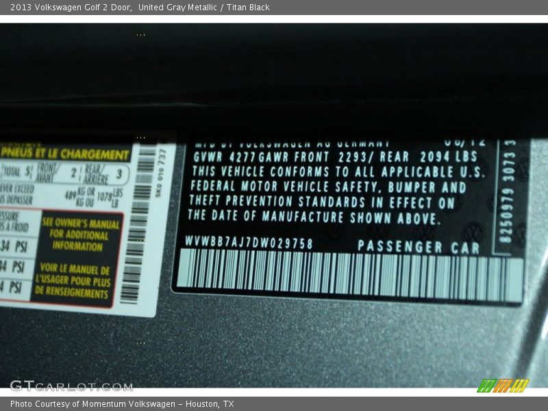 United Gray Metallic / Titan Black 2013 Volkswagen Golf 2 Door