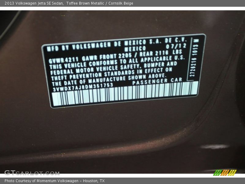 Toffee Brown Metallic / Cornsilk Beige 2013 Volkswagen Jetta SE Sedan