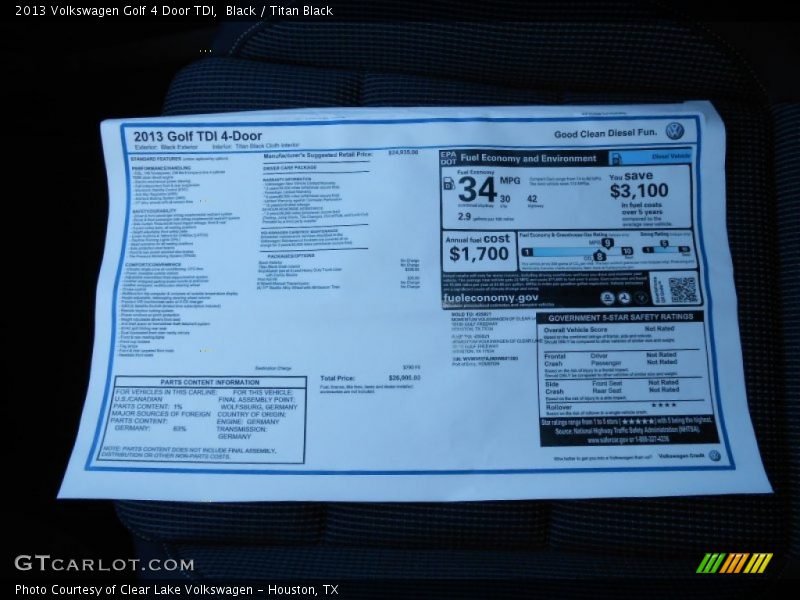  2013 Golf 4 Door TDI Window Sticker