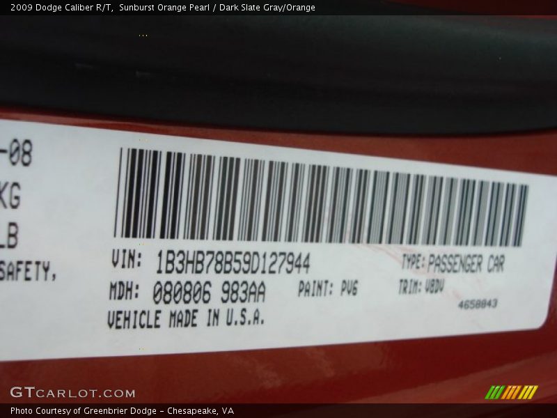 2009 Caliber R/T Sunburst Orange Pearl Color Code PV6