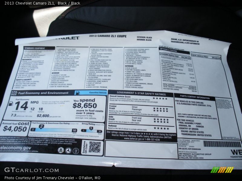  2013 Camaro ZL1 Window Sticker