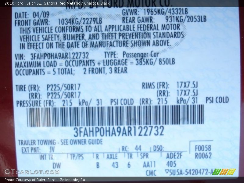 2010 Fusion SE Sangria Red Metallic Color Code JV