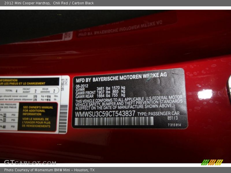 Chili Red / Carbon Black 2012 Mini Cooper Hardtop