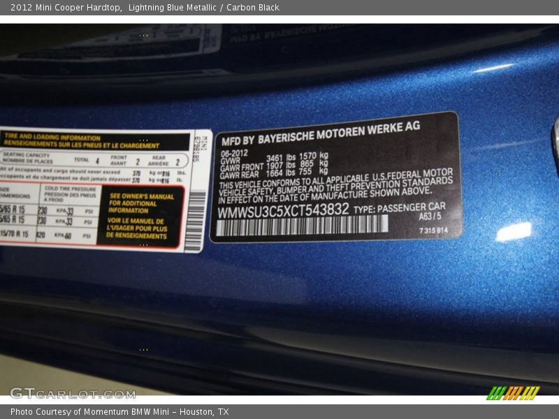 Lightning Blue Metallic / Carbon Black 2012 Mini Cooper Hardtop