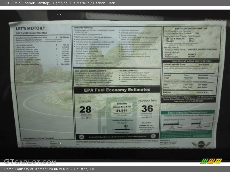 Lightning Blue Metallic / Carbon Black 2012 Mini Cooper Hardtop