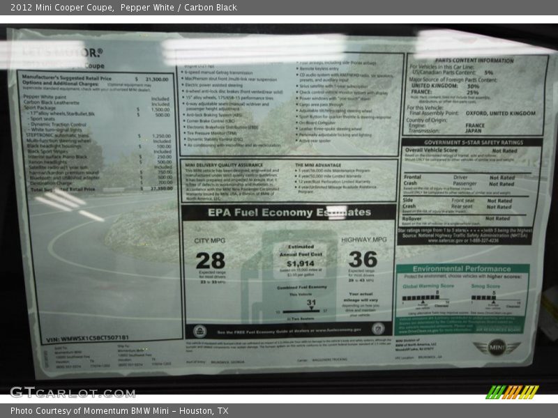 Pepper White / Carbon Black 2012 Mini Cooper Coupe
