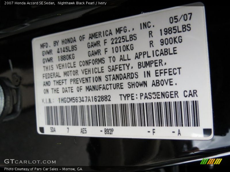 Nighthawk Black Pearl / Ivory 2007 Honda Accord SE Sedan