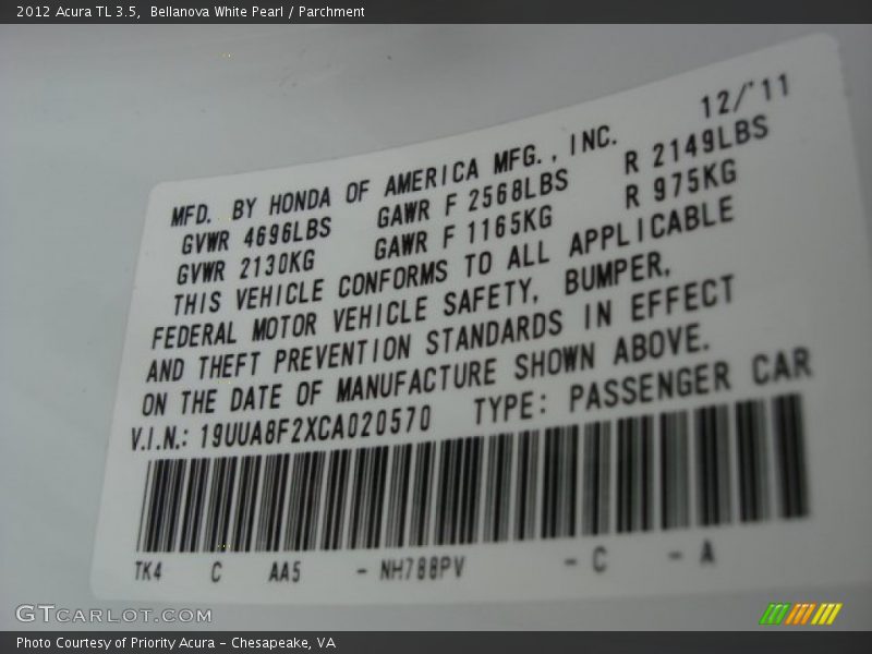 Bellanova White Pearl / Parchment 2012 Acura TL 3.5