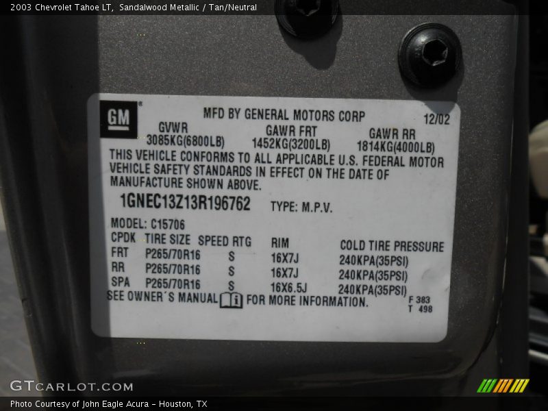 Sandalwood Metallic / Tan/Neutral 2003 Chevrolet Tahoe LT