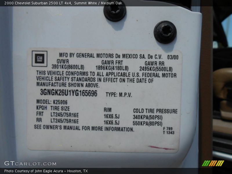 Info Tag of 2000 Suburban 2500 LT 4x4