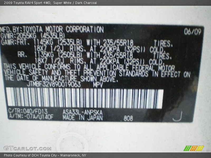 Super White / Dark Charcoal 2009 Toyota RAV4 Sport 4WD